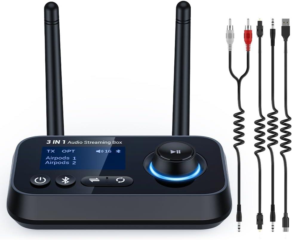 Bluetooth 5.3 Transmitter for TV Audio w. Screen Display Dual Antenna Low Latency Bluetooth Adapter Support Up to 2 BT Headphones Long Range Bluetooth Extender 3.5mm AUX/RCA/Opt Input/Output (Black)