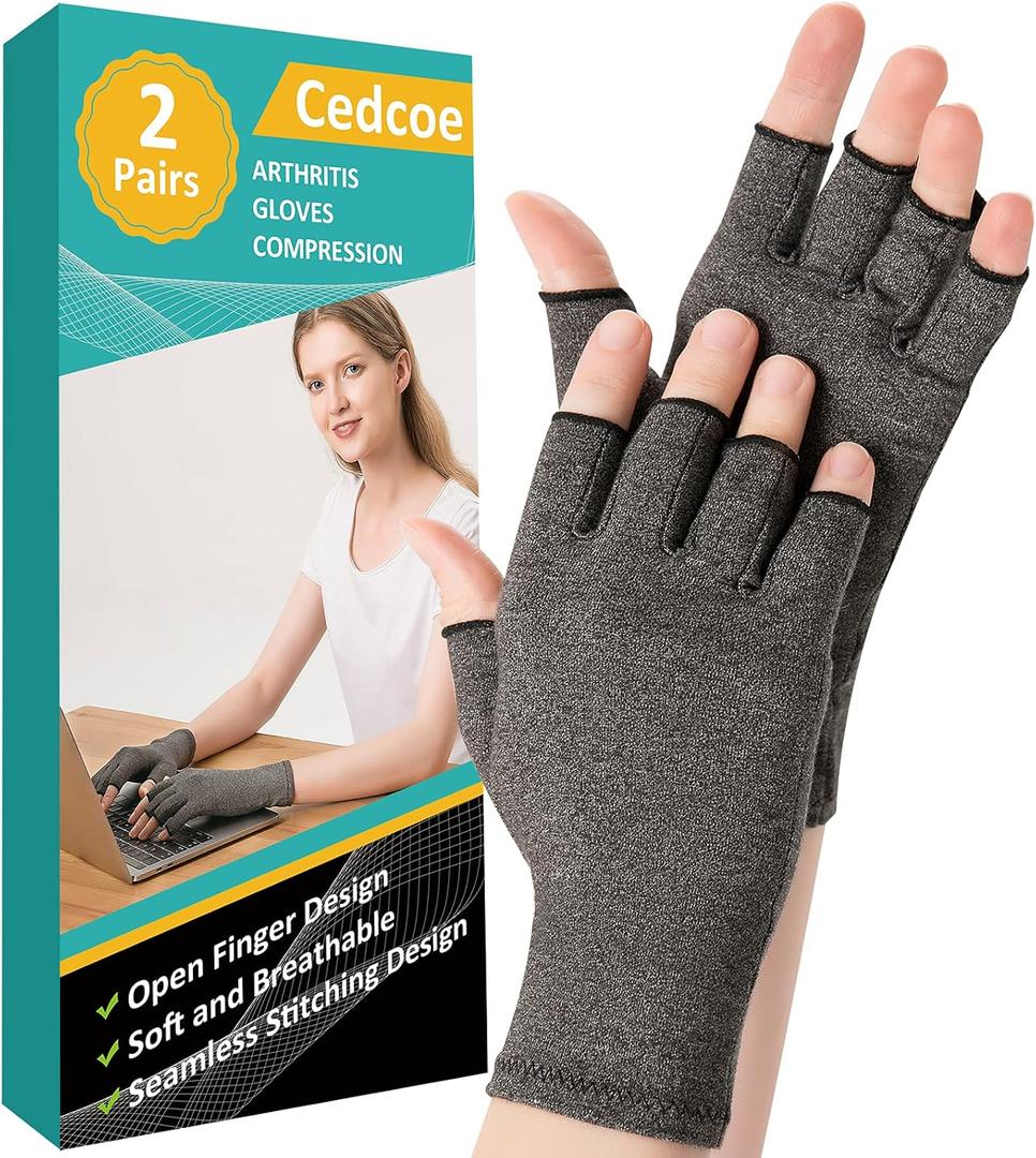 2 Pairs Arthritis Gloves Fingerless Compression Gloves for Relieve Hand Pain, Rheumatoid, Osteoarthritis, Tendonitis, Carpal Tunnel for Women and Men to Daily Work (Gray, Large)