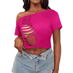 LovelyWholesale Womens Off The Shoulder Crop Tops Sexy Cut Out Ripped Short Sleeve T Shirts Hot Pink Small (Pink, S)