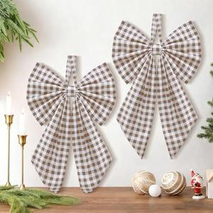 Suncalla 2 Pcs Beige Buffalo Plaid Christmas Wreath Bows 19.6'' x 11.8'' Large Christmas Tree Topper Ornament Wreath Sash for Front Door Xmas Party Yard Doorway Indoor Outdoor Wall Decoration