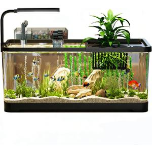 5 Gallon Fish Tank, Aquarium Plastic Starter Kit with Filter, led Light, sponge, and filter ball, Fish Tank for Betta, Plastic Nano Aquarium with Lid(18.5*7.87*8.07 inch / Black) (5 Gallon Fish Tank)