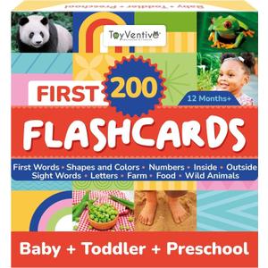 TOYVENTIVE First 200 Thick Toddler Flash Cards, 1 2 3 4 Year Old Letter, Number, Color, Animal, Baby Flash Cards Activities, Montessori Toys for Toddlers and Preschool, Toddler Learning Cards