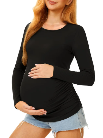 Maternity Shirts Long Sleeve Pregnancy Top for Women with Crew Neck Casual Tee Shirts, S, Black