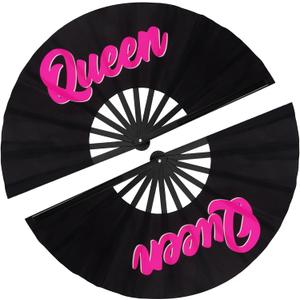 Maitys 2 Pack Large Folding Rave Fans for Women Men, Nylon Hand Fans Loud Snap Sound Foldable Fan for Line Dancing Stage Performance Chinese Kung Fu Festival Dance Decor(Black,Queen)