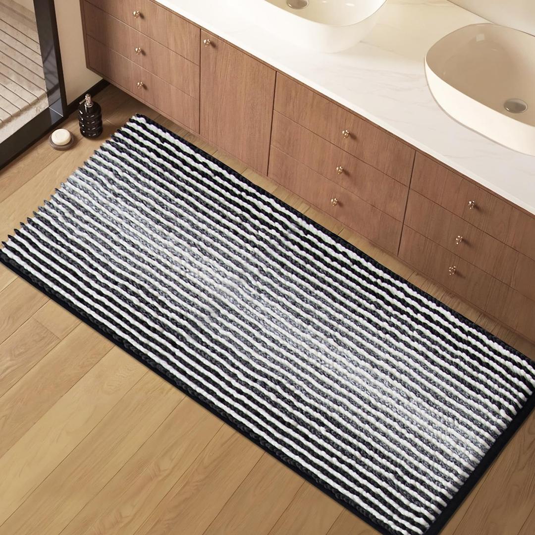 HDFK Bath Mat & Bathroom Rug - Extended Soft Chenille Shower Carpet, Super Absorbent Non-Slip with Hot Melt Adhesive Base, Washable Slim Fit Striped for Bathtub Floors (47x20 Inch, Black & White)