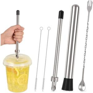 5 Pack Straw Puncher, lemonade stand supplies kit with straw puncher for plastic lids, muddler for lemonade and cocktails, reusable lemonade cups