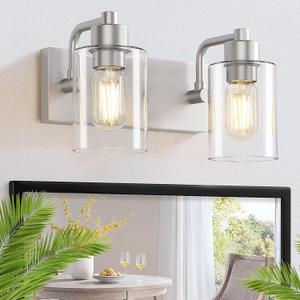 Brushed Nickel Bathroom Light Fixtures, Wall Mounted 2-Light Bathroom Lights Over Mirror with Clear Glass Shade,Wall Sconces for Kitchen Living Room Bedroom