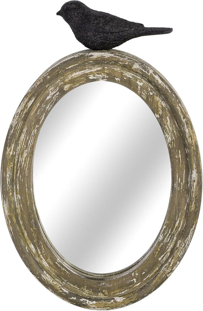 NIKKY HOME Small Oval Wall Mirror, Vintage Wood Frame with Bird Decor Decorative Hanging Wall-Mounted Mirrors for Bathroom, Living Room, Office, Brown