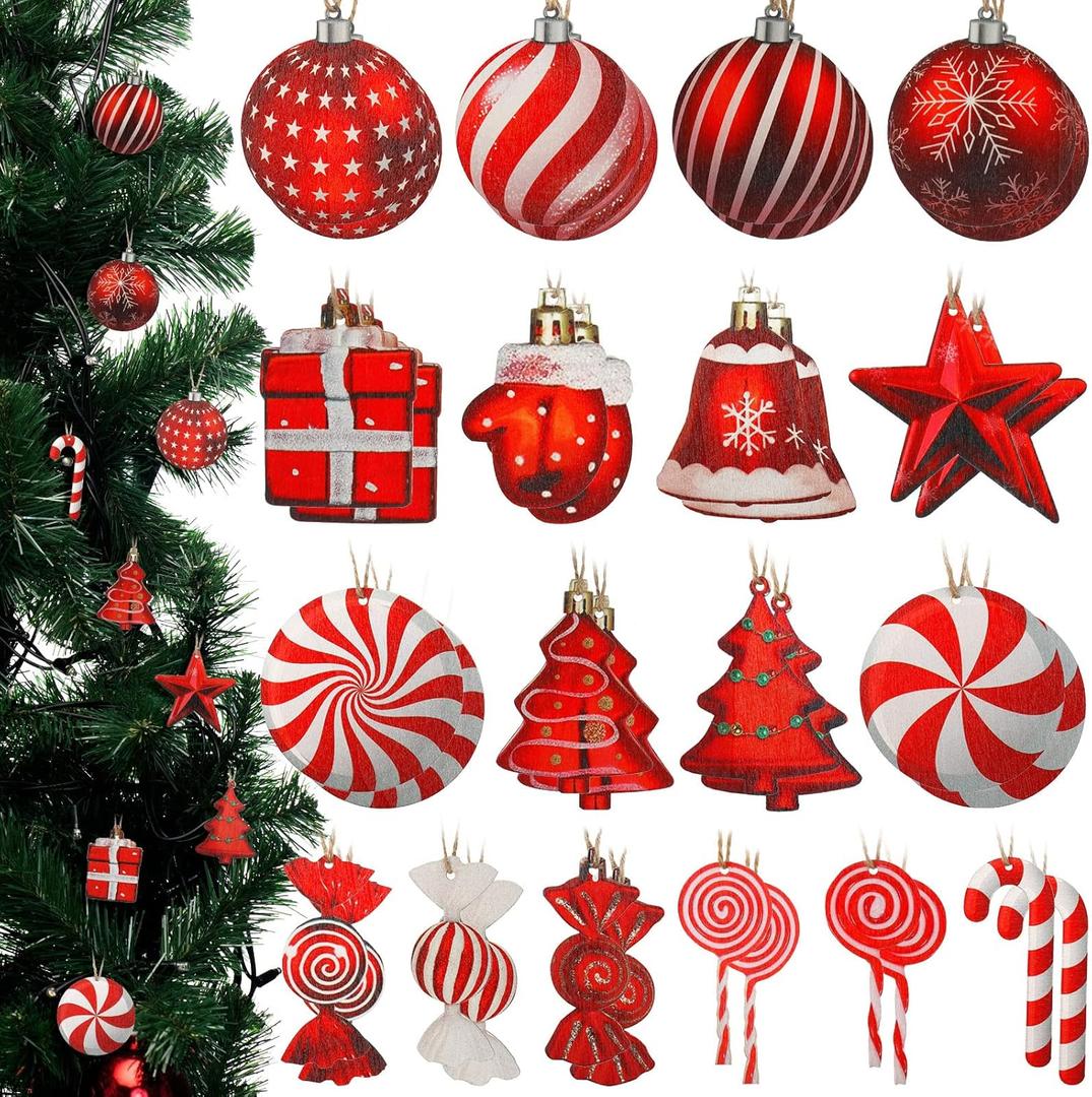 Rich Style 36 Pcs Christmas Tree Candy Cane Ornaments Wooden Hanging Peppermint Candy Red Whit Swirl Lollipop Xmas Ornaments for Home New Year Holiday Party Decoration