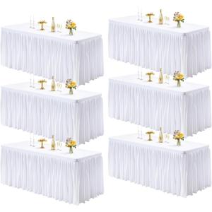 PARTISKY 6 Pack White Tablecloths for Rectangle Tables 6ft, Wrinkle Resistant White Table Cover Fitted Stretch Table Cloth with Pleated Ruffle Skirts for Party Banquet Dining Birthday Wedding, 72" x 30"