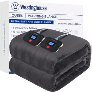 Westinghouse Electric Blanket Queen Size, Super Cozy Soft Flannel 84"" x 90"" Heated Blanket with 10 Fast Heating Levels & 1-12 Auto-Off, Machine Washable, ETL&FCC Certification, Charcoal