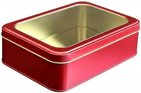 hadaaya Red Metal Party Favor Tin Box with Clear Lid – Multipurpose Storage Container for Cookies, Jewelry, Crafts, Gifts, Pencils & More – Perfect Christmas Gifting Tin – 7.25 x 5.25 x 2.25 Inches