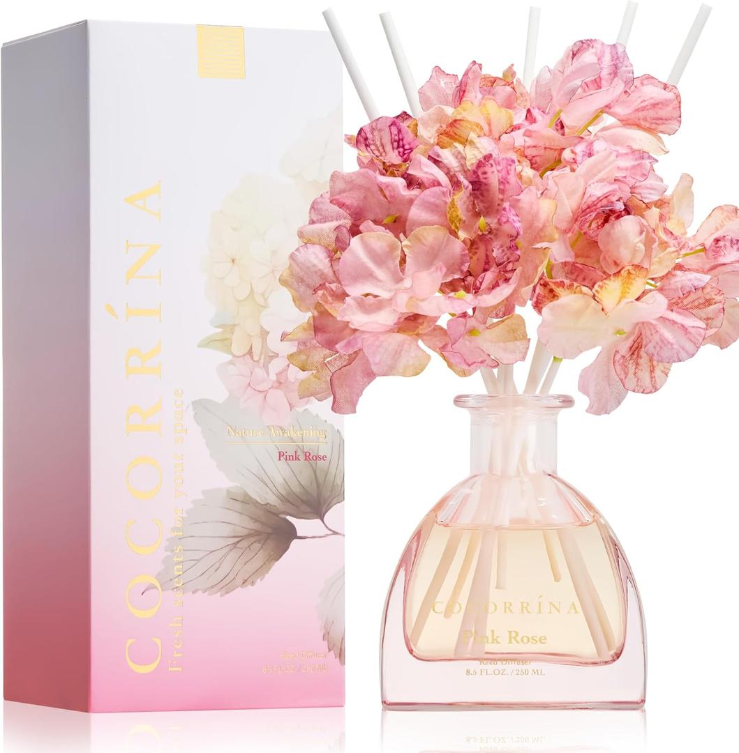 COCORRNA Reed Diffuser - Pink Rose 8.5 Fl.oz Reed Diffuser with 8 Sticks for Home Bathroom Shelf Decor (Simple Luxe Collection)