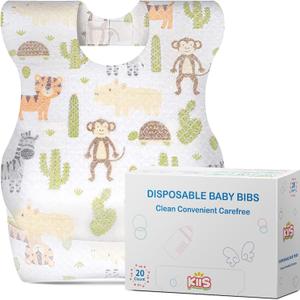 KIIS Disposable Baby Bibs for Baby Boys and Girls - Individually Packaged - Hygienic, Soft and Leakproof (20 PCS / 60 PCS) (Animal)