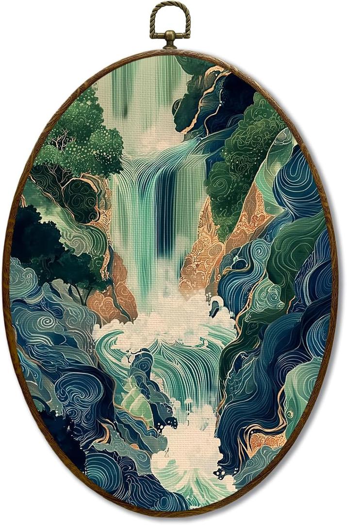 JQF Vintage Japanese Oval Wall Decor, Oriental Japandi Oval Canvas Wall Art, Blue Green Japanese Waterfall Landscape Framed Prints Hanging Decor for Home Bedroom Living Room, 8.5x11.5 Inch