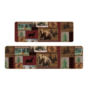 Pickmesh Set of 2 Kitchen Mats Cabin Bear Rugs Woodland Nursery Rug Decor Rustic Lodge Theme Area Rug with Bear and Cub Mountain Scene Cabin Rug for Home Bathroom (Multicolor,Woodland)