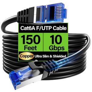 Cat6A Ethernet Cable Shielded 10Gbps 150 ft, Slim Shielded (F/UTP) Ethernet Cable Cat 6, Flexible 28AWG Bare Copper Cat6 Cable, Space-saving Cat 6a Network Cable for Server, Data Center, Black