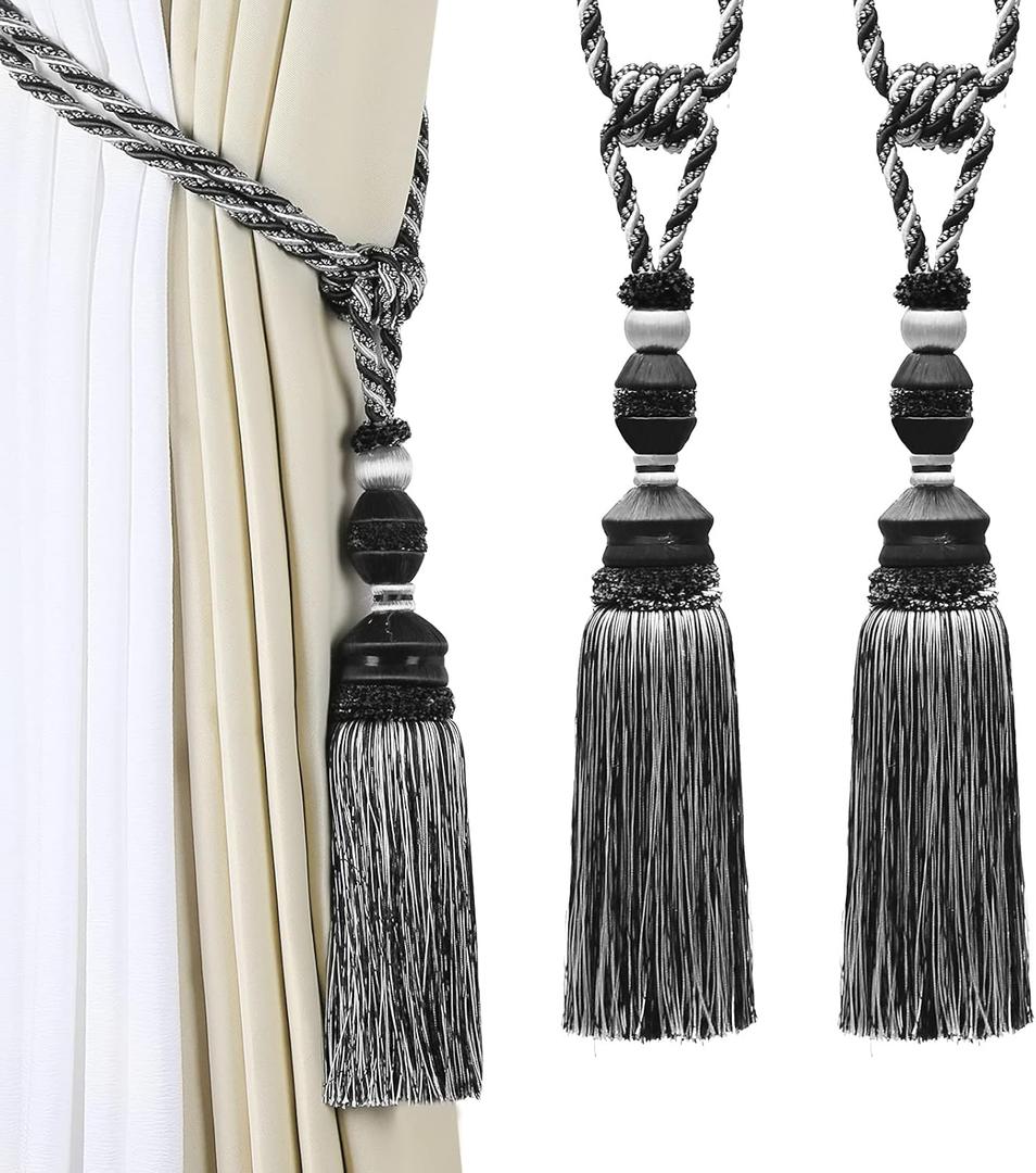 Fenghuangwu 2Pcs Curtain Tiebacks Tassel Tie-Backs, Elegant Curtain Tie Backs Holdbacks for Decor-Black (style-1)