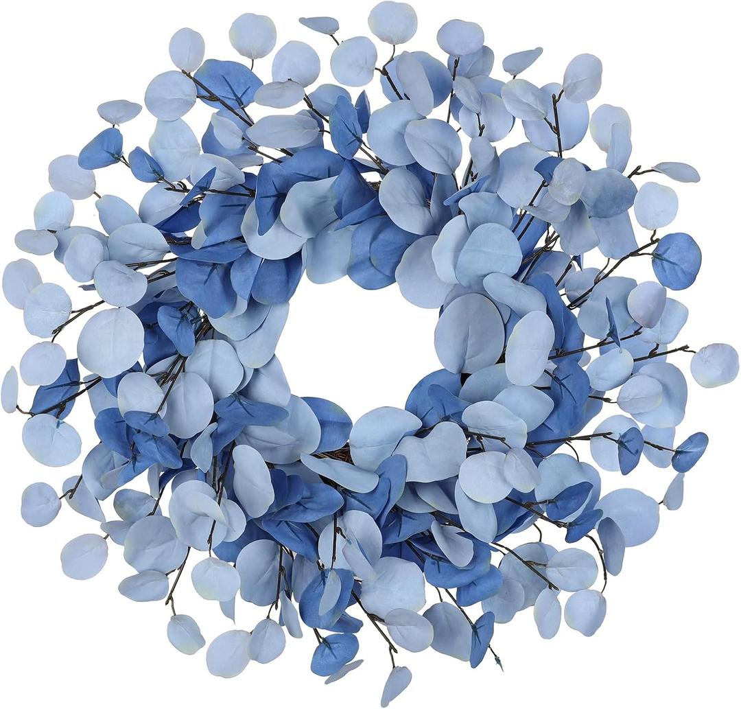 Fall Wreaths for Front Door 18 Inch Autumn Wreath for Indoors & Outdoors, Thanksgiving Blue Wreath for Mantel,Wall, Fake Eucalyptus Wreaths for Front Door, Autumn, Halloween, Harvest Decorations