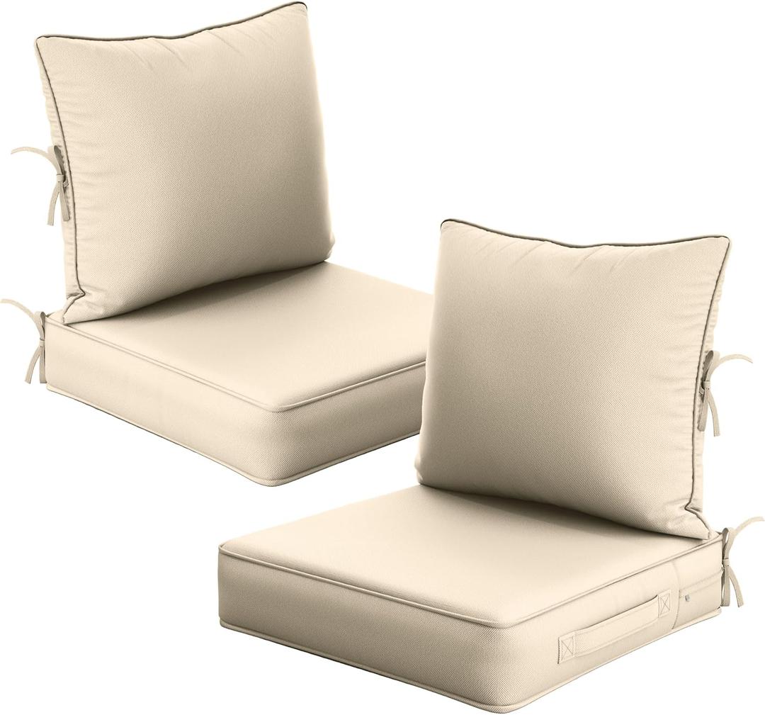 Outdoor Chair Cushions Set of 2,Patio Furniture Cushions with Removable Cover,Waterproof & Fade-Resistant Deep Seat and Backrest Cushion Replacement for Sofa,22x22x4 inch, Cream