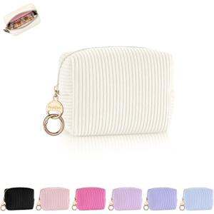Mini Makeup Bag, Corduroy Small Cosmetic Bag for Purse with Ring Buckle, Portable Travel Makeup Pouch for Lipsticks, Chapsticks, Coin, Earphone, Credit Card (Beige)