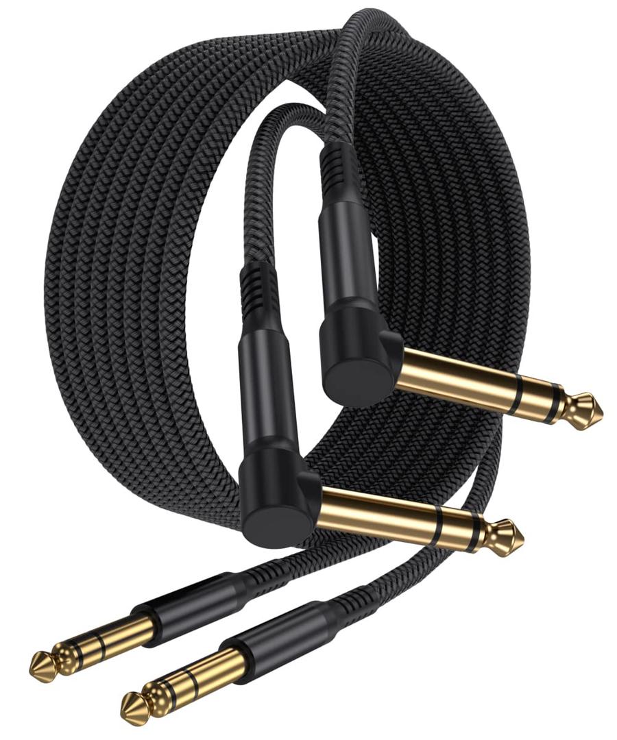 1/ 4 Inch TRS Instrument Cable 10ft 2-Pack, Right-Angled to Straight 6.35mm Male Jack Stereo Audio Cord, 6.35 Balanced Interconnect Line for Electric Guitar, Bass, Keyboard, Mixer, Amplifier, Speaker