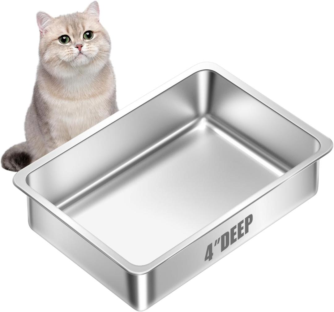 Amibud Low Entry Stainless Steel Litter Box for Kitten,Small Shallow Metal Litter Pan Tray for Rabbits Hamsters, Easy to Clean Cat Toilet Supplies-17.72''Lx 13.78'' W x4'' H