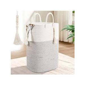 Tall Laundry Basket With Handles,Woven Cotton Rope Big Laundry Hamper Sorters,Versatile Storage for Dirty Clothes,Baby Toys,and Blankets in Bathroom, Nursery,and Living Room (White/Black Line, 50L)
