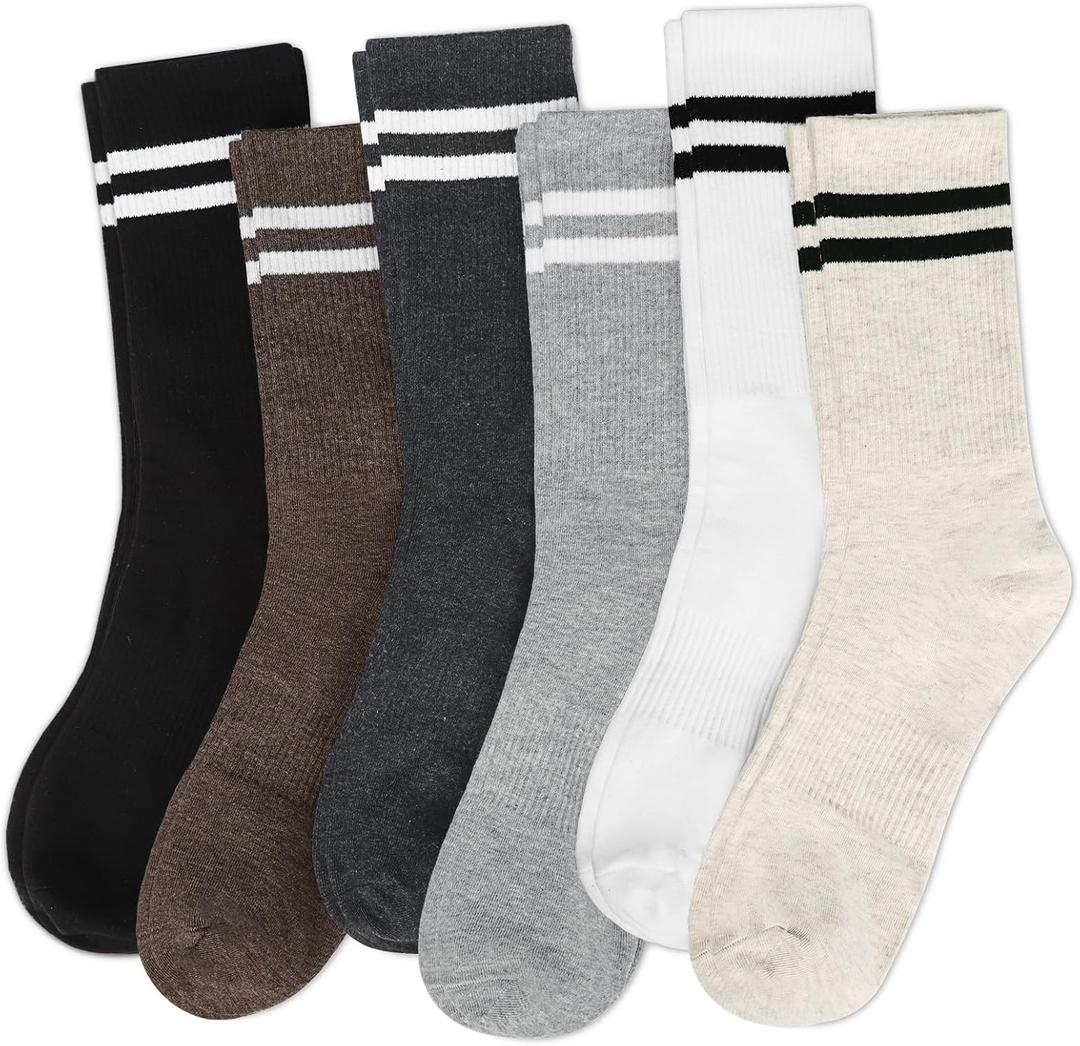 Justay 6 Pairs Striped Crew Socks - Cute Casual Long Athletic Running Tube Calf Cotton Socks for Women Gifts (Black Brown Apricot White Light Grey Dark Grey)