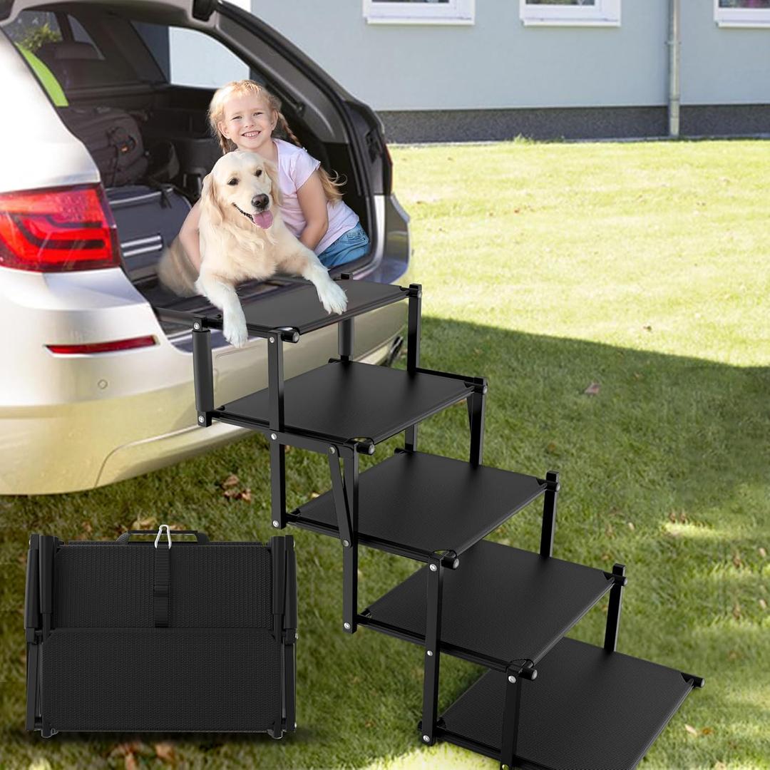 Extra Wide 5 Steps Dog Stairs for Large Dogs, Foldable DogRamp for Car with Non-Slip Surface, Pet Stairs DogStairs for car, Dog Steps for Cars, SUV, High Beds, Truck, Supports up to 250 lbs