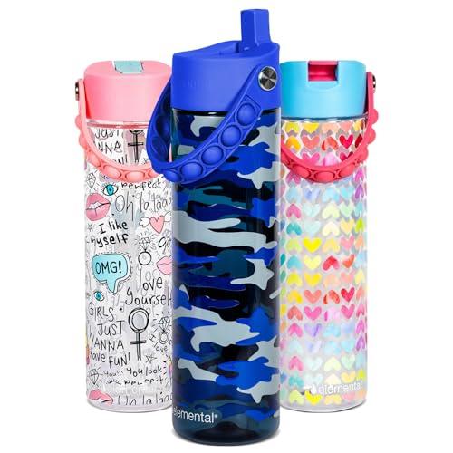 Elemental Splash Water Bottle with Straw - BPA-Free Tritan Plastic Reusable Water Bottle with Pop It Strap - Ideal for Travel, Gym and Sports - Leak Proof when Spout is Closed - 26oz - Blue Camo