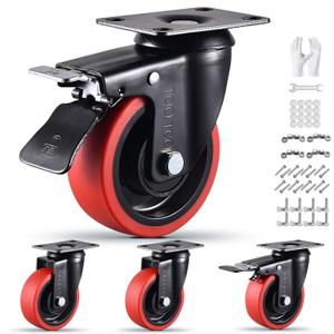 4 Inch Caster Wheels Set of 4 Heavy Duty TPR Rubber Wheels with Locking 2200Lbs Load Capacity Silent Swivel and Brake 360 Degree Casters Ideal for Industrial Carts Furniture Trolleys and Workbenches
