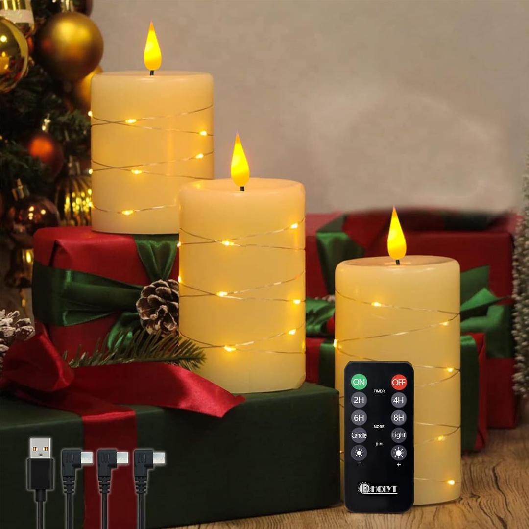 LEDHOLYT Rechargeable Flameless Candle, Flickering LED Pillar Real Wax Candle with Fairy Lights, Remote Control and Timer, Upgraded Teardrop Wick, Built-in Battery Electronic Candle, Set of 3 (Copper-Wire Drop)
