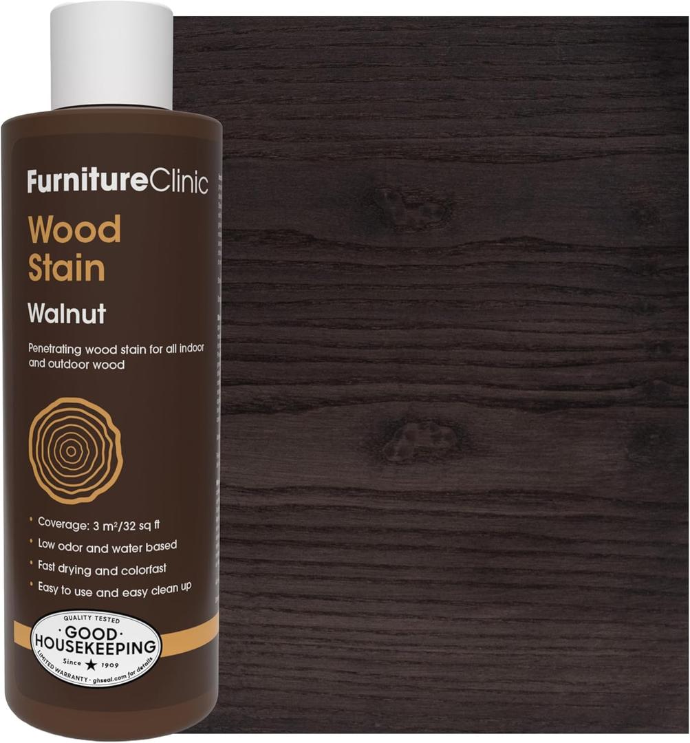 Furniture Clinic Wood Stain | Walnut | Water Based | Fast Drying, Low Odor, & Non-Toxic | for Indoor & Outdoor Furniture and More | Multiple Finishes | (8.5oz / 250ml)