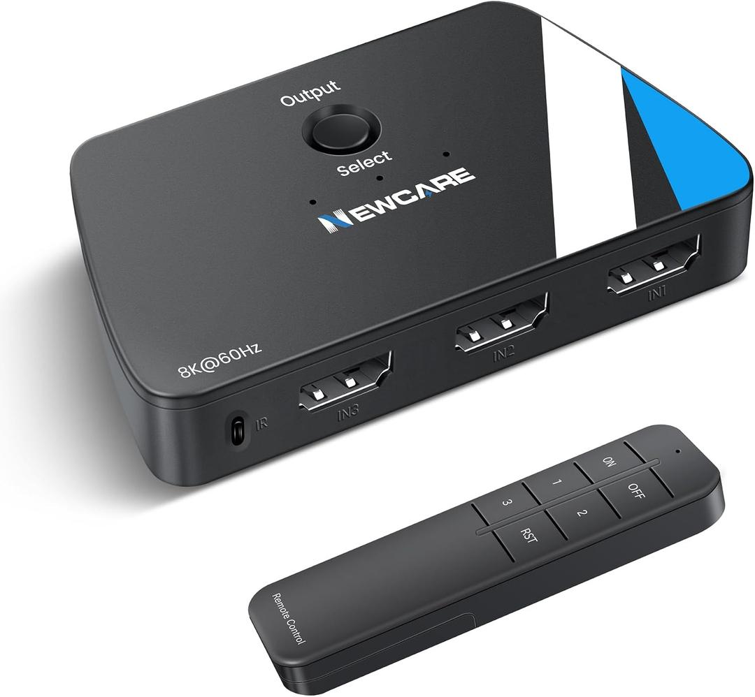 NEWCARE 8K HDMI 2.1 Switch 3 in 1 Out, HDMI Switch with Remote, HDMI Splitter 4K@120Hz Support 8K@60Hz HDCP2.3 HDR10+ VRR ALLM Dolby, HDMI Switcher Compatible with TV PS5/4 Xbox Laptops PC Projector