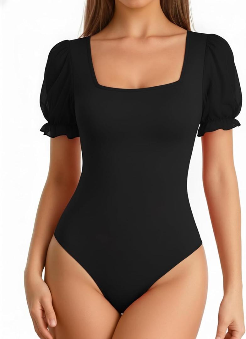 MANGOPOP Square Neck Long Sleeve Short Sleeve Bodysuit for Women Mesh Ruffle Sleeves Going Out Tops (X-Large)
