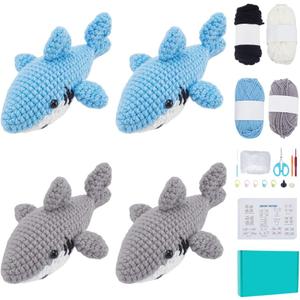 ORIGACH 4 Sets Crochet Shark Kit for Beginner Adults, Handmade Shark Starter Crochet kit Complete Crochet Set with Step by Step Video Tutorial Instruction, 5.9 inches x 10.2 inches x 1.5 inches