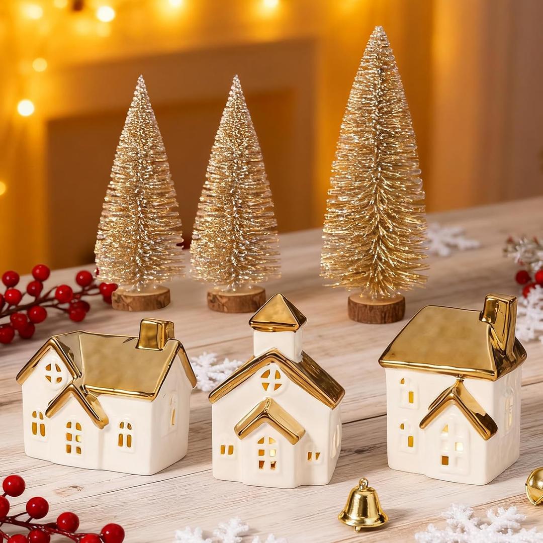 DN DECONATION Christmas Decor Village Houses, 6 Pcs Light Up White Ceramic Houses and Frosted Trees, Tabletop Christmas Town Set with Lights for Winter Decor Holiday Decorations Gifts