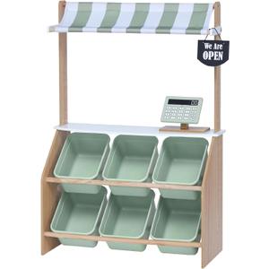 Teamson Kids Little Helper Wooden Farmer's Market Stand with Pretend Cash Register and 6 Plastic Storage Bins, Green, TD-13638A-AMZ