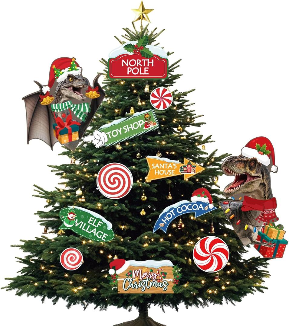 2 x 12 Pcs Funny Dinosaur Christmas Tree Topper, Funny Christmas Tree Hanging Ornaments Includes Merry Christmas North Pole Sign, Dinosaur Xmas Decorations for Tree Home Party