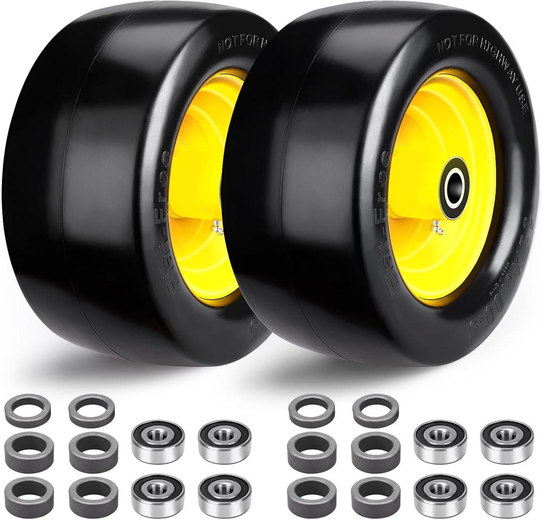 Upgrade 11x6.00-5" Flat Free Tire,2Pcs Solid Smooth Lawn Mower Tires Assembly with 3/4" 5/8" or 1/2 Bearings for Riding Lawn Mower,Zero Turn Lawn Mower,Bad Boy,Cub Cadet Front Tire, Load 425lbs (Yellow)