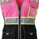 HoliSecure Safety Vest for women, Hi vis Reflective Lady Work vest With 9 Multi Pocket And Zipper(Pink+Black Medium) 