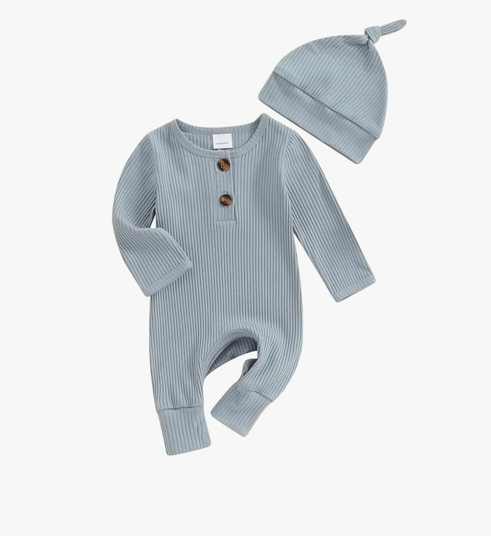 Infant Boys Girls Clothes Set Newborn Baby Romper Hat Ribbed Knit Long Sleeve Button Solid Bodysuit Jumpsuit Grey Blue 60