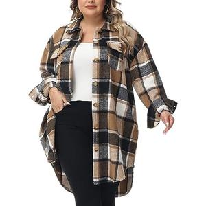URBEST Women's Oversized Plaid Shacket | Soft Brushed Fabric | Casual Layering Top, Knee Length/Plus Size/Cropped