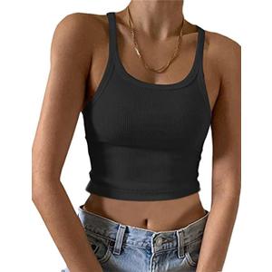 95% Cotton Ribbed Crop Tank Tops for Women Racerback Scoop Neck Slim Fitted Basic Cropped Tank Top (Small, 1# Short Black)