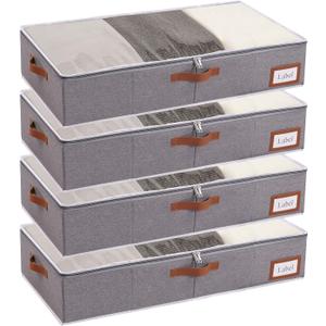 Yawinhe Under Bed Storage, 4 Pack Closet Organizers, Collapsible Container Bags, with Sorting Card Slot and 4 Leather Handles, for Blanket, Bedding, 23.6''Lx11.8''Wx6''H, Grey