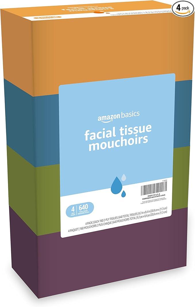 Amazon Basics Facial Tissue, 2-Ply, 160 Tissues per Box, 4 Boxes (640 total)