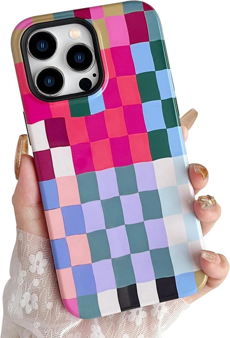 Compatible with iPhone 14 Pro Case,Cute Simple Colorful Checkered Case with Shockproof Slim Soft TPU and Hard PC Protective Covers for Women/Men Designed for iPhone 14 Pro (Colorful 1)