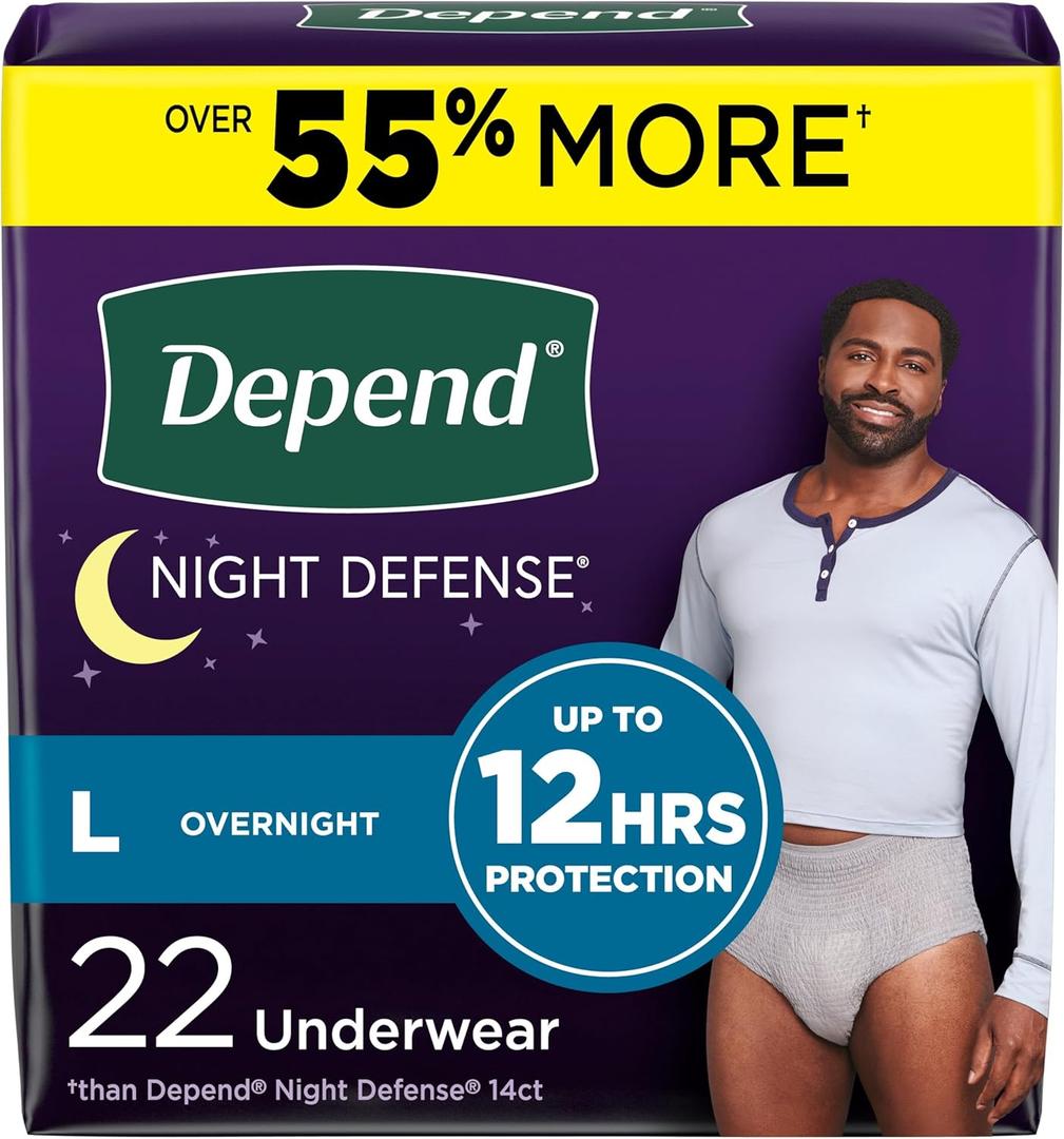 Depend Night Defense Adult Incontinence Underwear for Men, Disposable, Overnight, Large, Grey, 22 Count