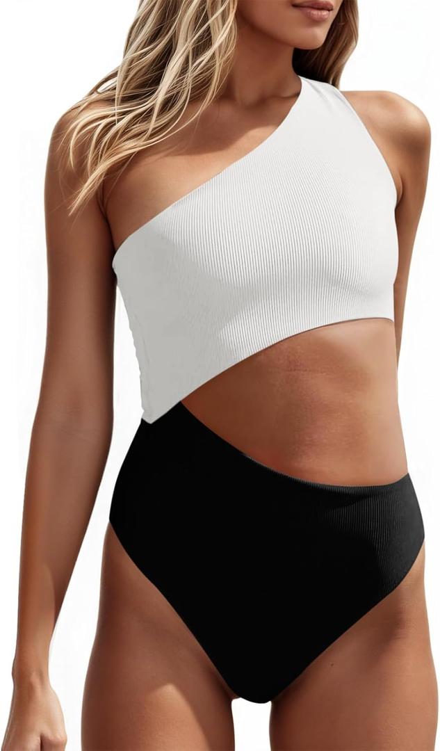 Women's One Piece Ribbed Swimsuit One Shoulder Cutout Swimwear Sexy Bathing Suit (M)
